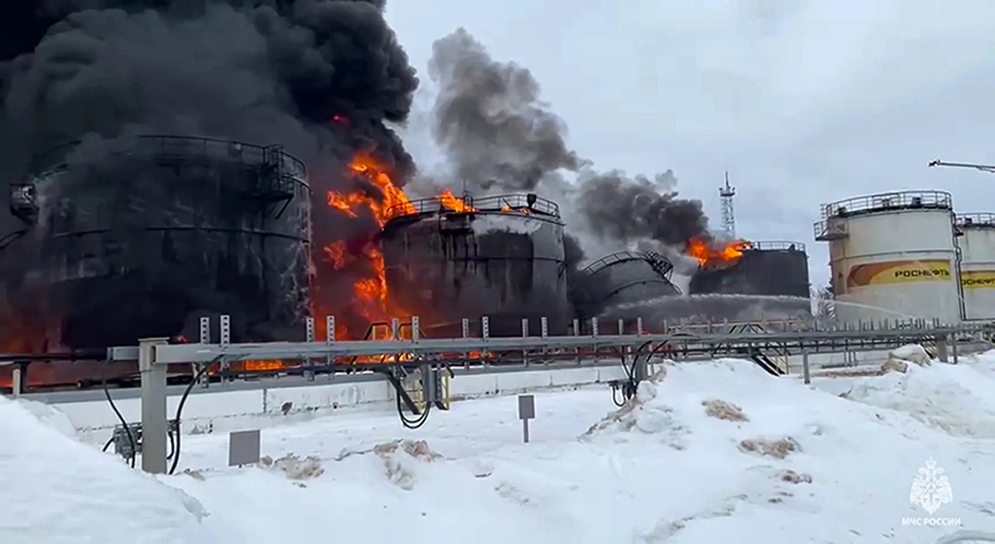 In this photo taken from video released by Governor of Bryansk Region Alexander Bogomaz’s telegram channel, oil reservoirs ignite in flames after a&nbsp;Ukrainian drone struck an oil storage depot in the&nbsp;Bryansk Region of Russia.
