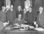 FDR with&nbsp;Henry Morgenthau Jr., second from left, and George Warren, fourth from left.