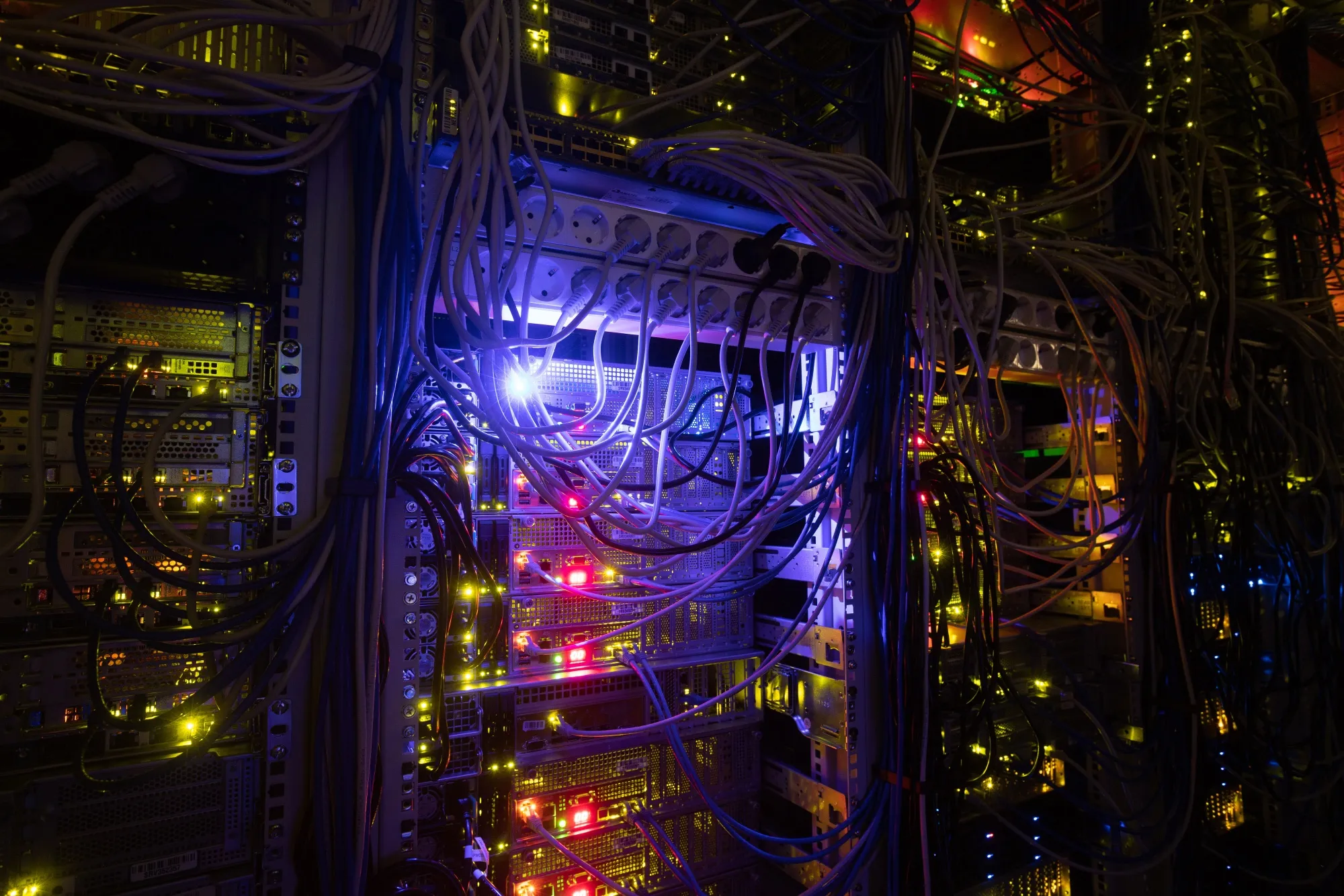 Lights on server racks at a data center.