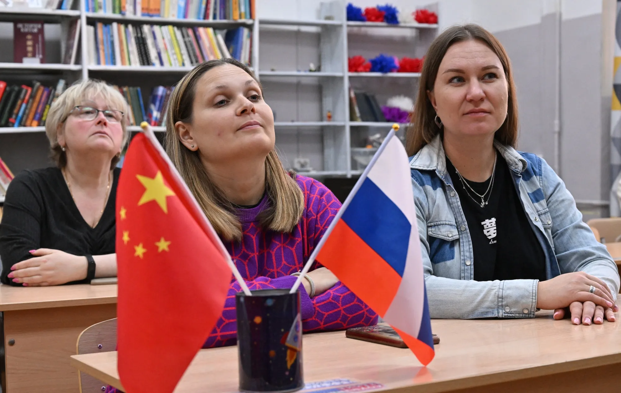 People attend a Chinese class at a language center near Moscow.