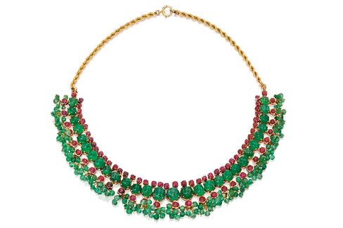 14 Karat Gold, Emerald, and Ruby Necklace