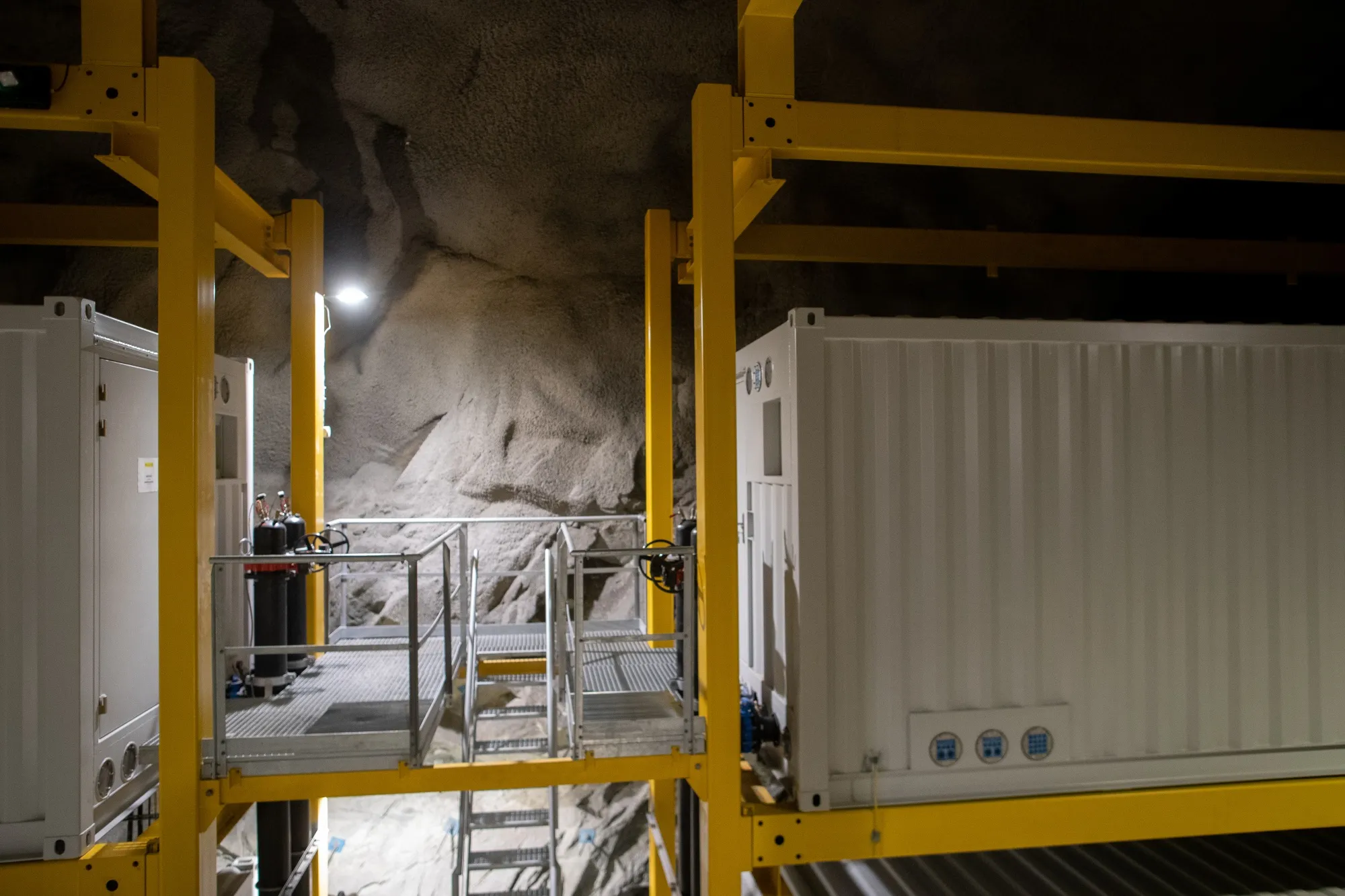 Containers fitted with data servers inside the Northern Data Lefdal Mine Datacenter in Maloy, Norway.
