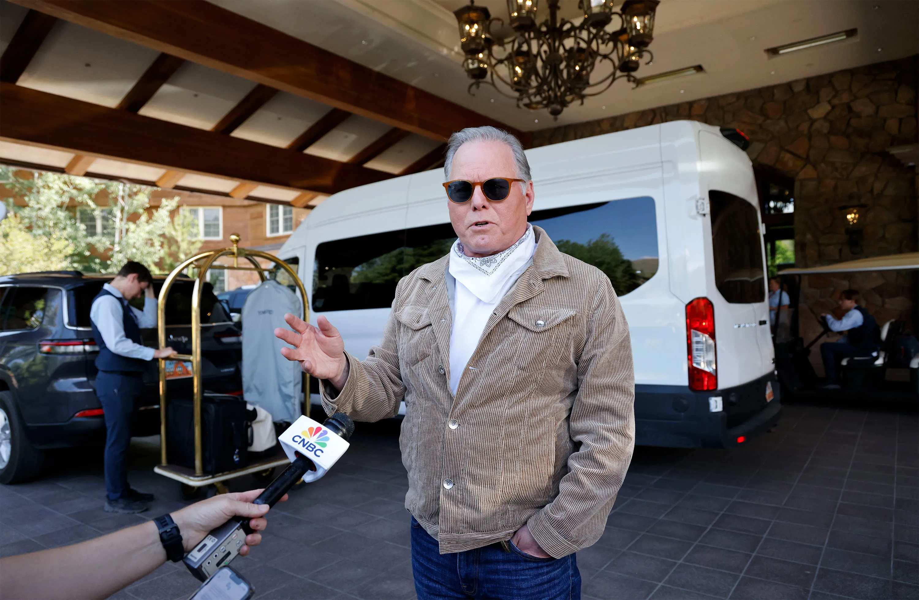Warner Bros. CEO David Zaslav speaks to members of the media in Sun Valley on July 9.