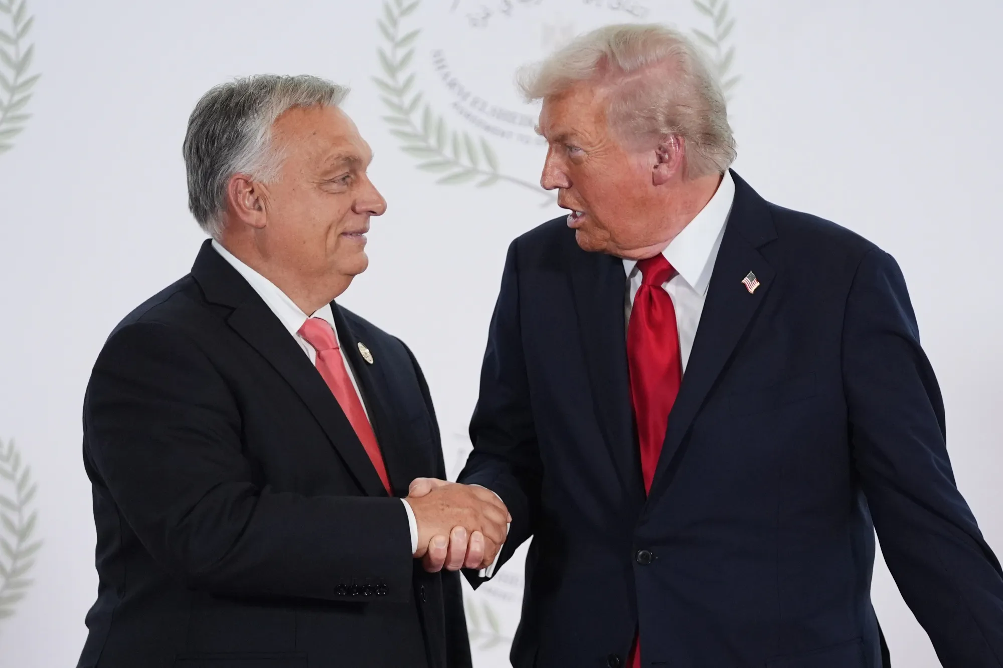 Hungarian Prime Minister Viktor Orban and US President Donald Trump during a summit in Sharm El Sheikh, Egypt on Oct. 13.