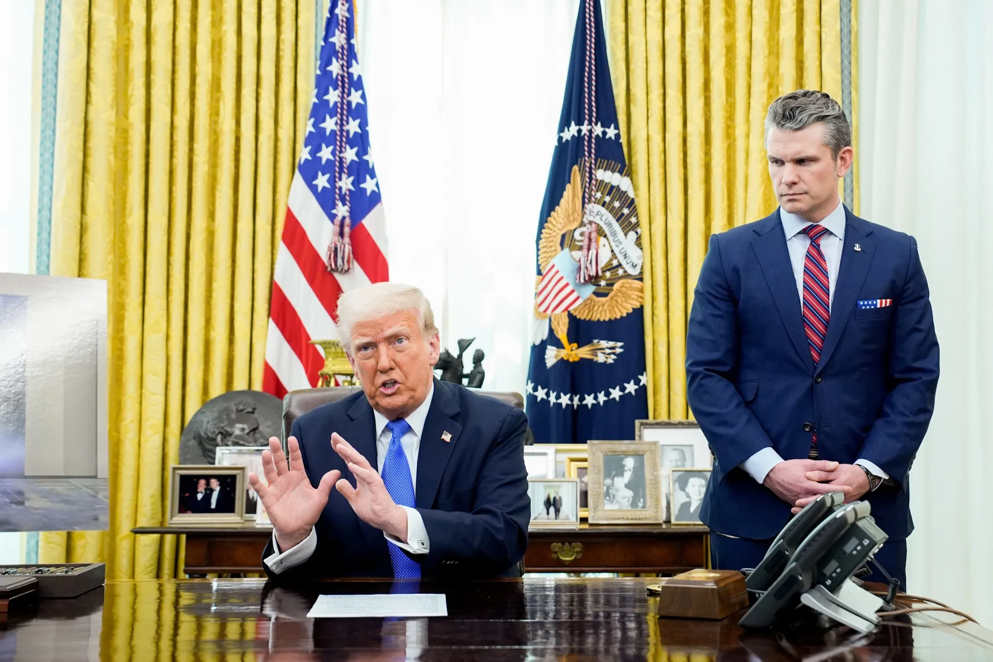 Donald Trump, left, and Pete Hegseth,&nbsp;in the Oval Office in March.