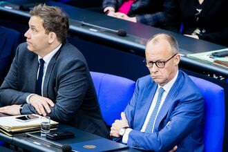 Lars Klingbeil and Friedrich Merz in Berlin in March.