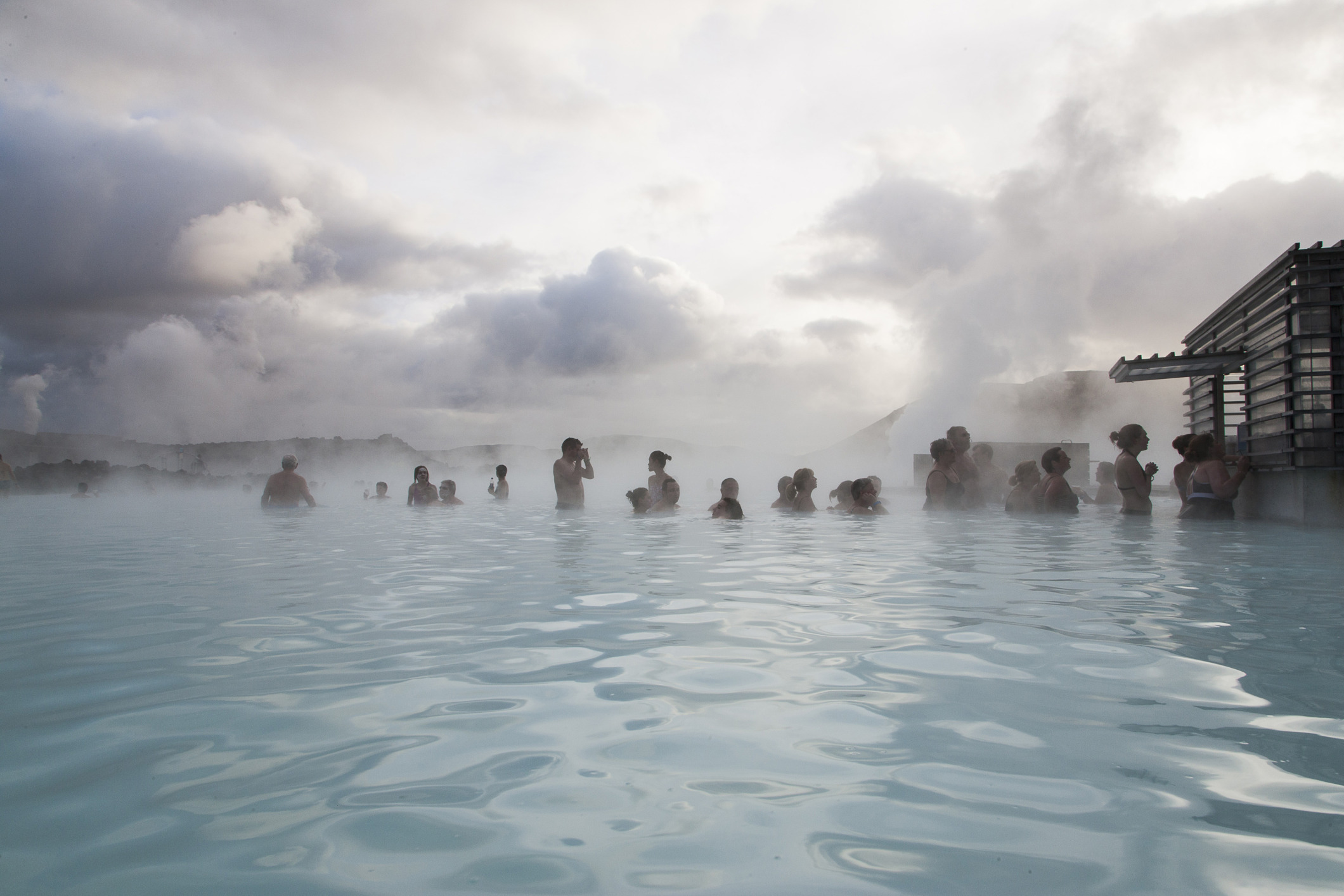 Tourists at the Blue Lagoon in Grindavik.