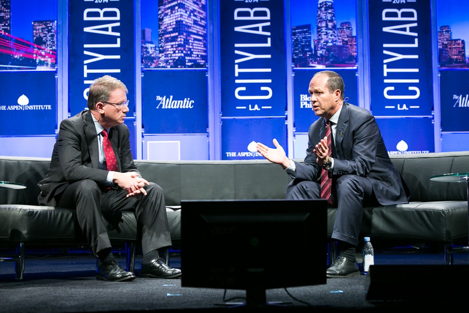Jerusalem Mayor Nir Barkat (left) speaks with The Atlantic's Jeffrey Goldberg at CityLab 2014 in Los Angeles. 