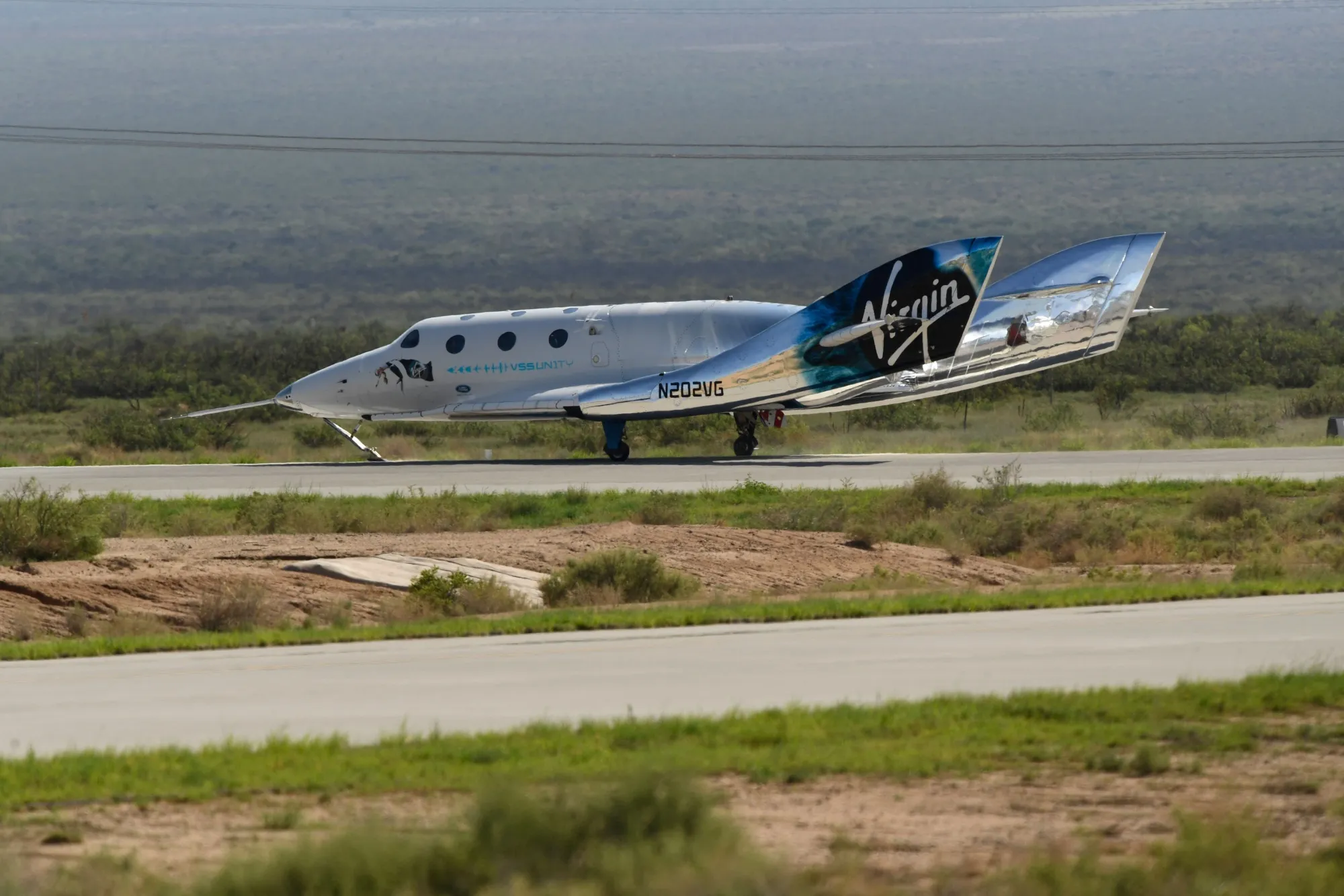 A Virgin Galactic SpaceShipTwo space plane at Spaceport America, near Truth and Consequences, New Mexico.
