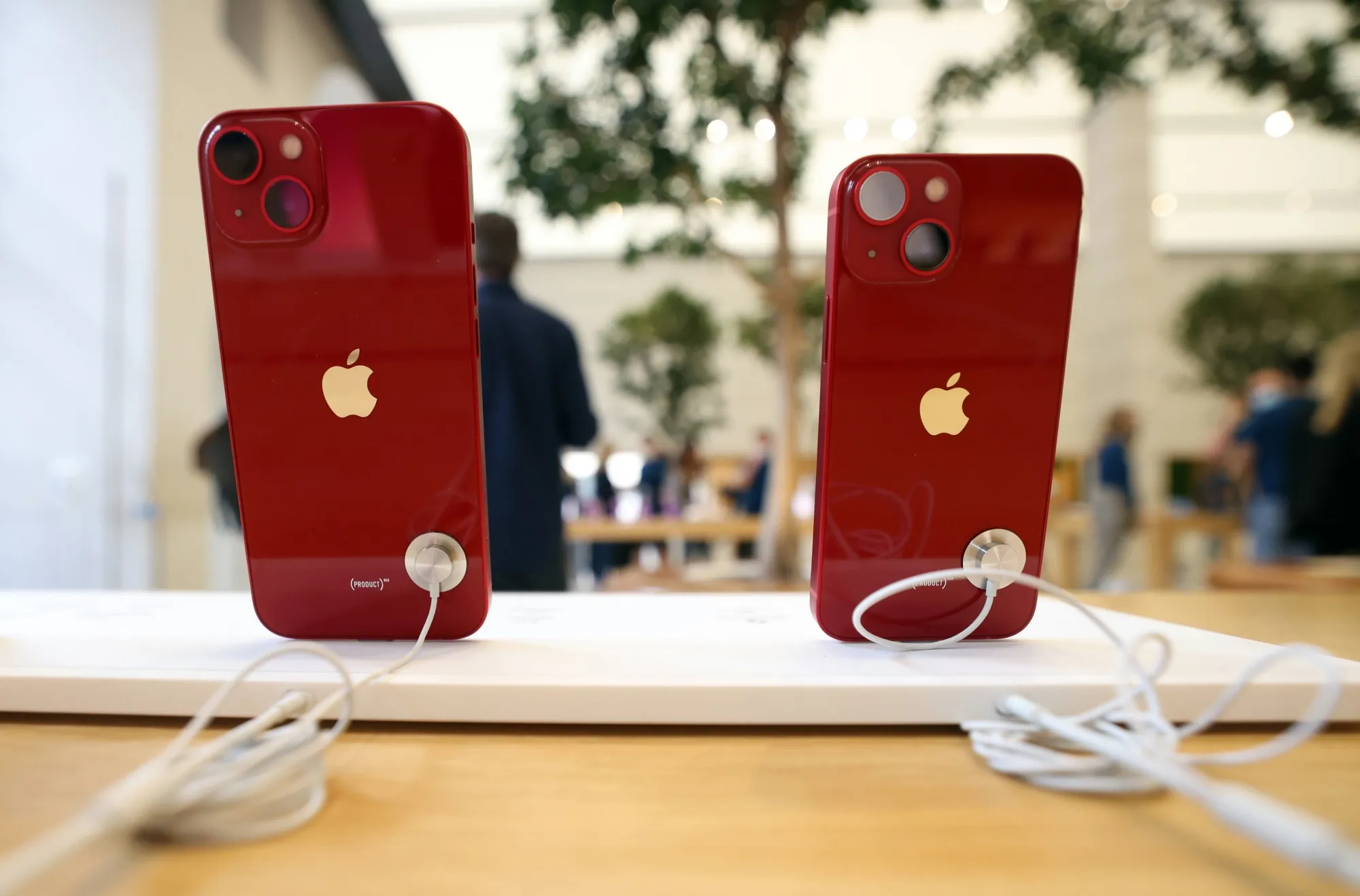 A display of Product Red iPhone 13 smartphones in the Apple Inc. store in London, U.K.