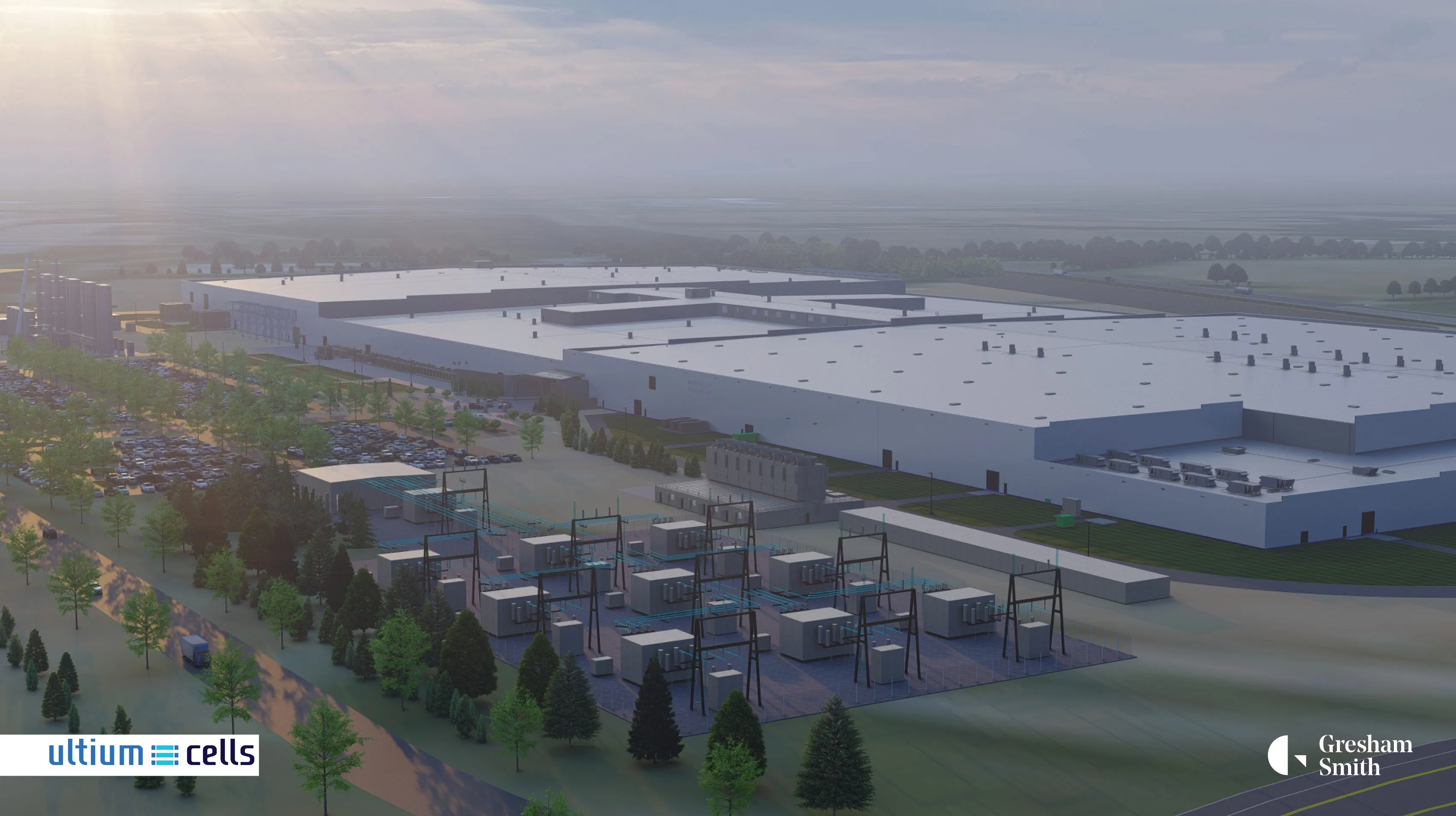 Early conceptual rendering of Ultium Cells LLC battery cell manufacturing facility in Spring Hill, Tennessee.