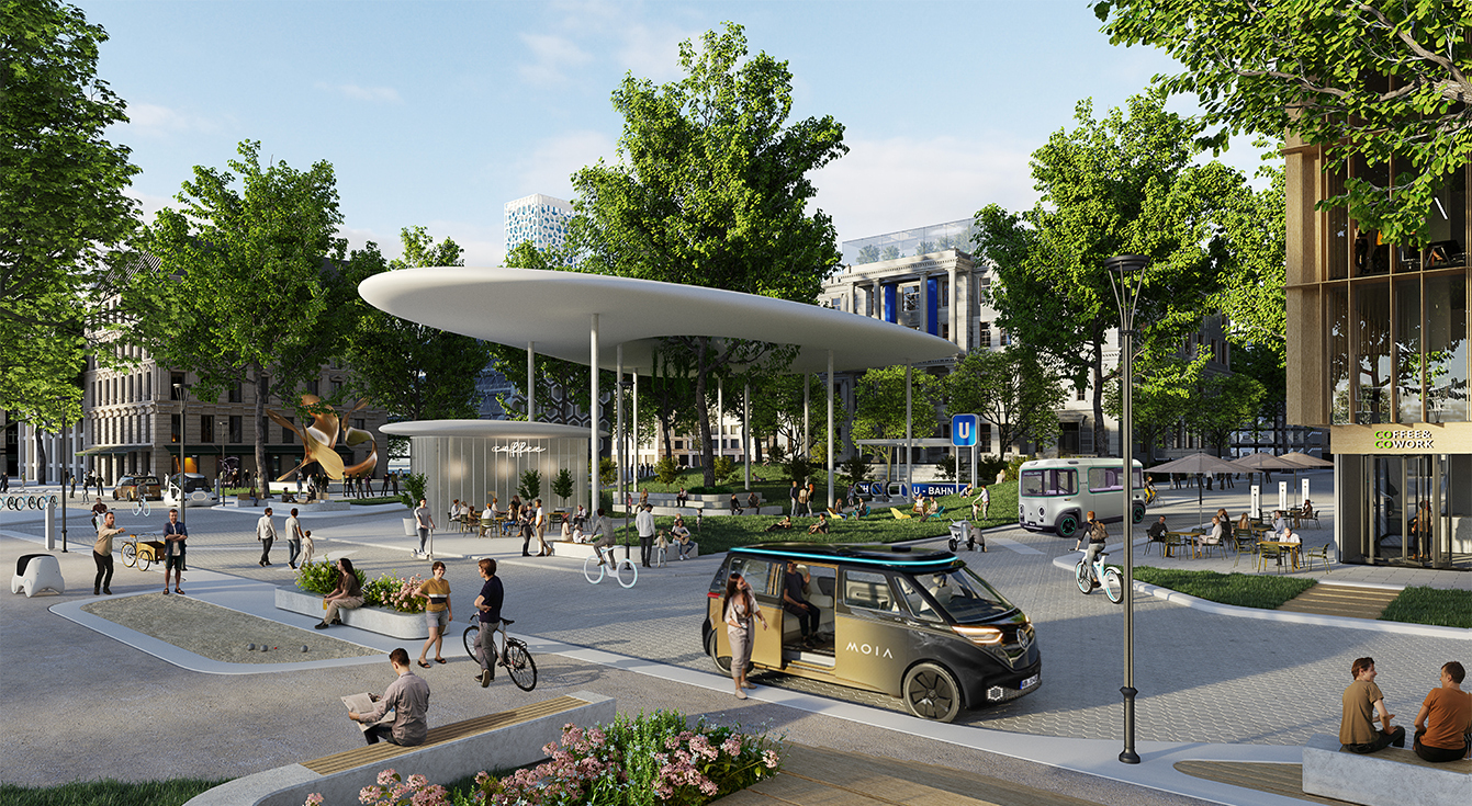 A rendering showing how a proposed hub for self-driving vans could integrate with a metro system. The city of Hamburg is set to launch a three-year pilot for such a shuttle program. 