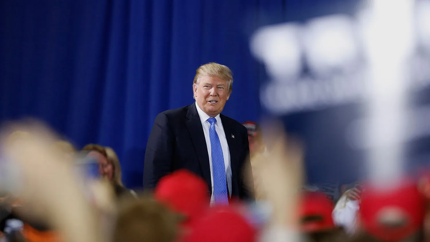 Donald Trump arrives for a campaign event in Janesville, Wisconsin, on March 29, 2016.
