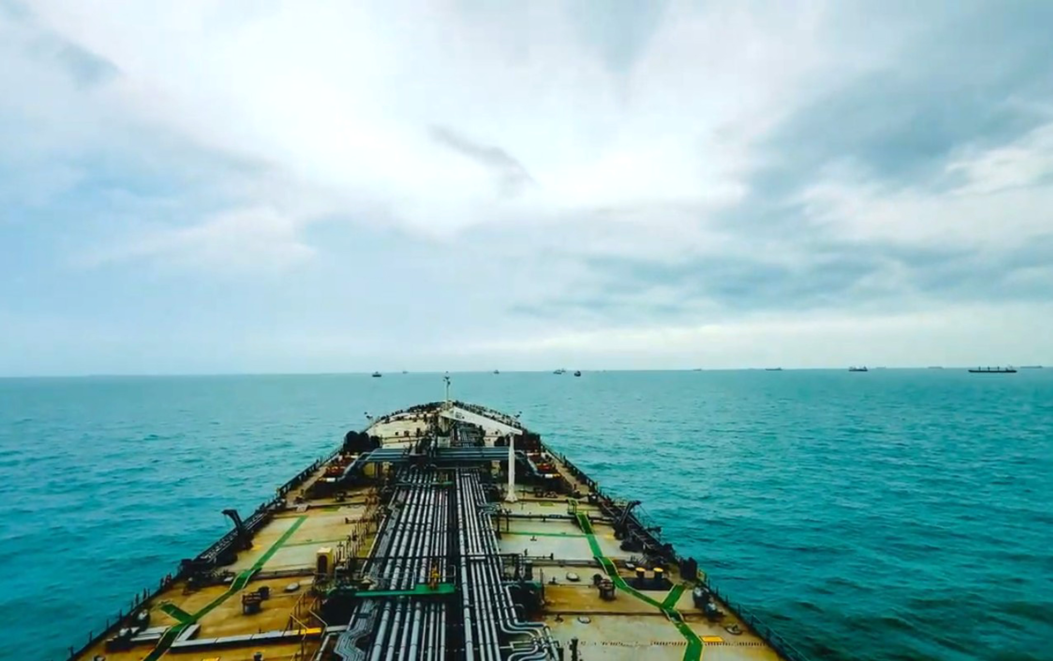 A Suezmax tanker, loaded with crude oil and anchored near Basra, in a still taken from video shot by the ship's captain, Raman Kapoor.