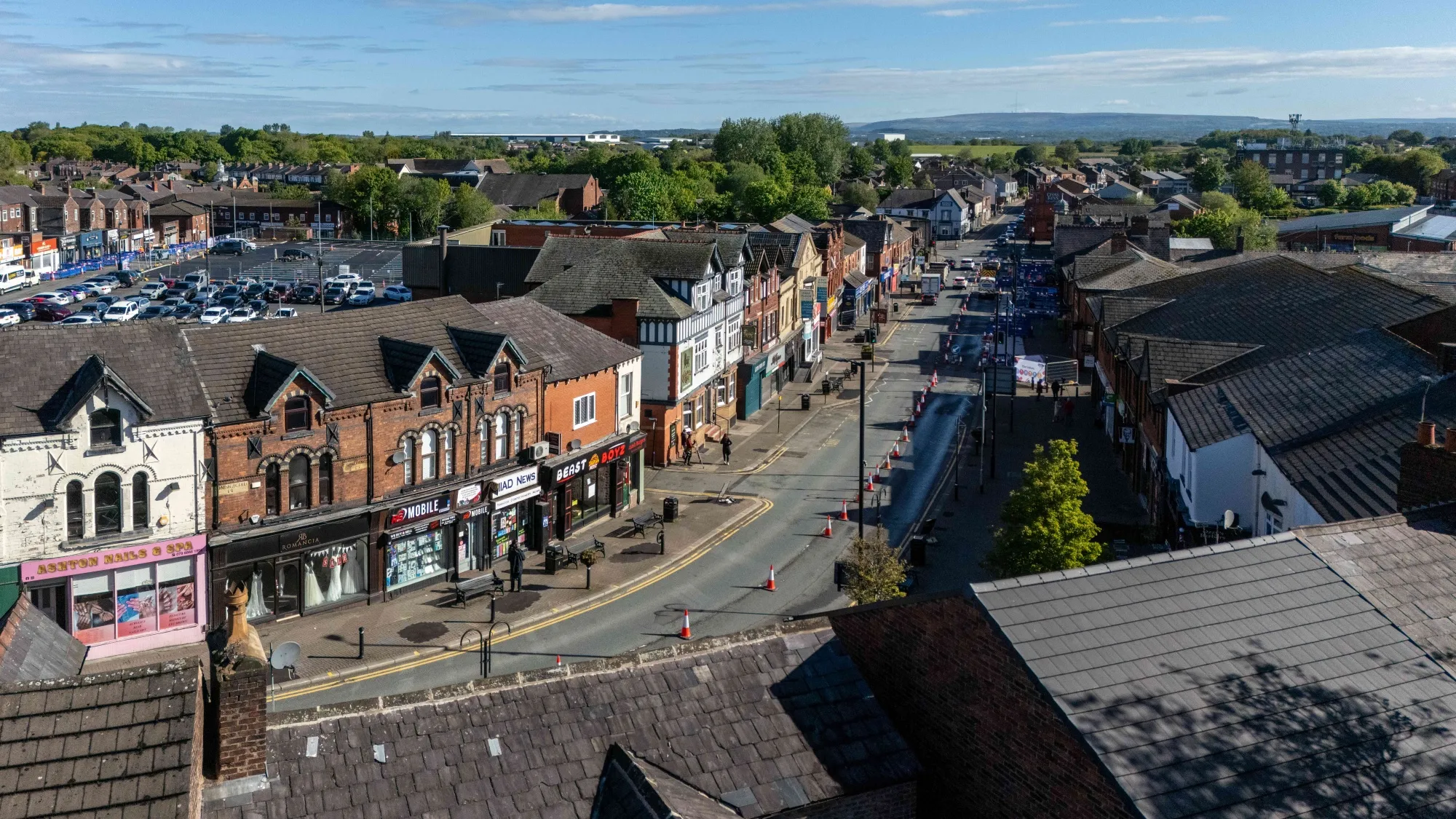 An aerial view of a high street in Ashton-in-Makerfield, UK, on May 15.