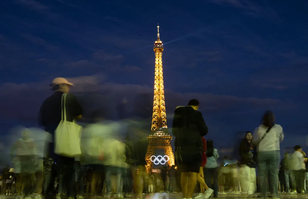 The Olympic rings adorning the Eiffel Tower in Paris on June 22.