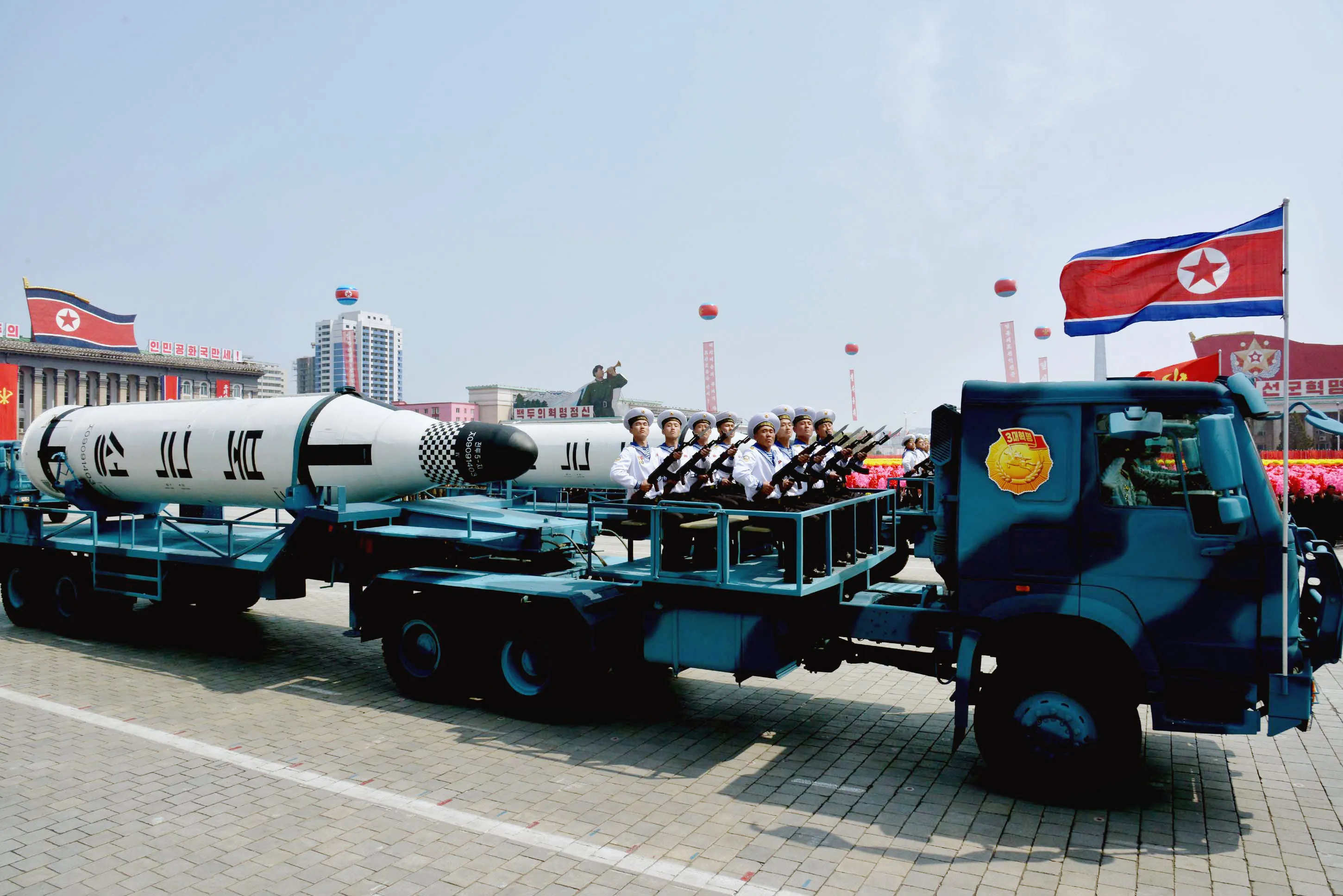 A submarine-launched ballistic missile Pukguksong&nbsp;during a military parade at Kim Il Sung Square in Pyongyang on April 15, 2017.