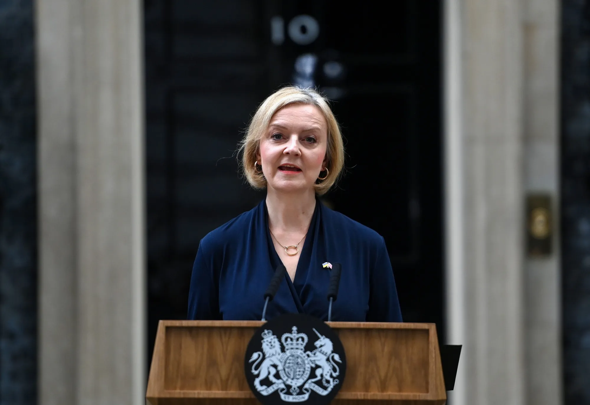 Liz Truss, UK prime minister, delivers her resignation statement outside 10 Downing Street.