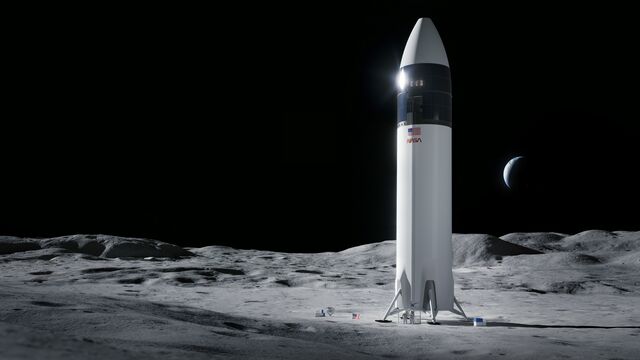 In an artist’s rendering, SpaceX’s Starship delivers humans to the moon.