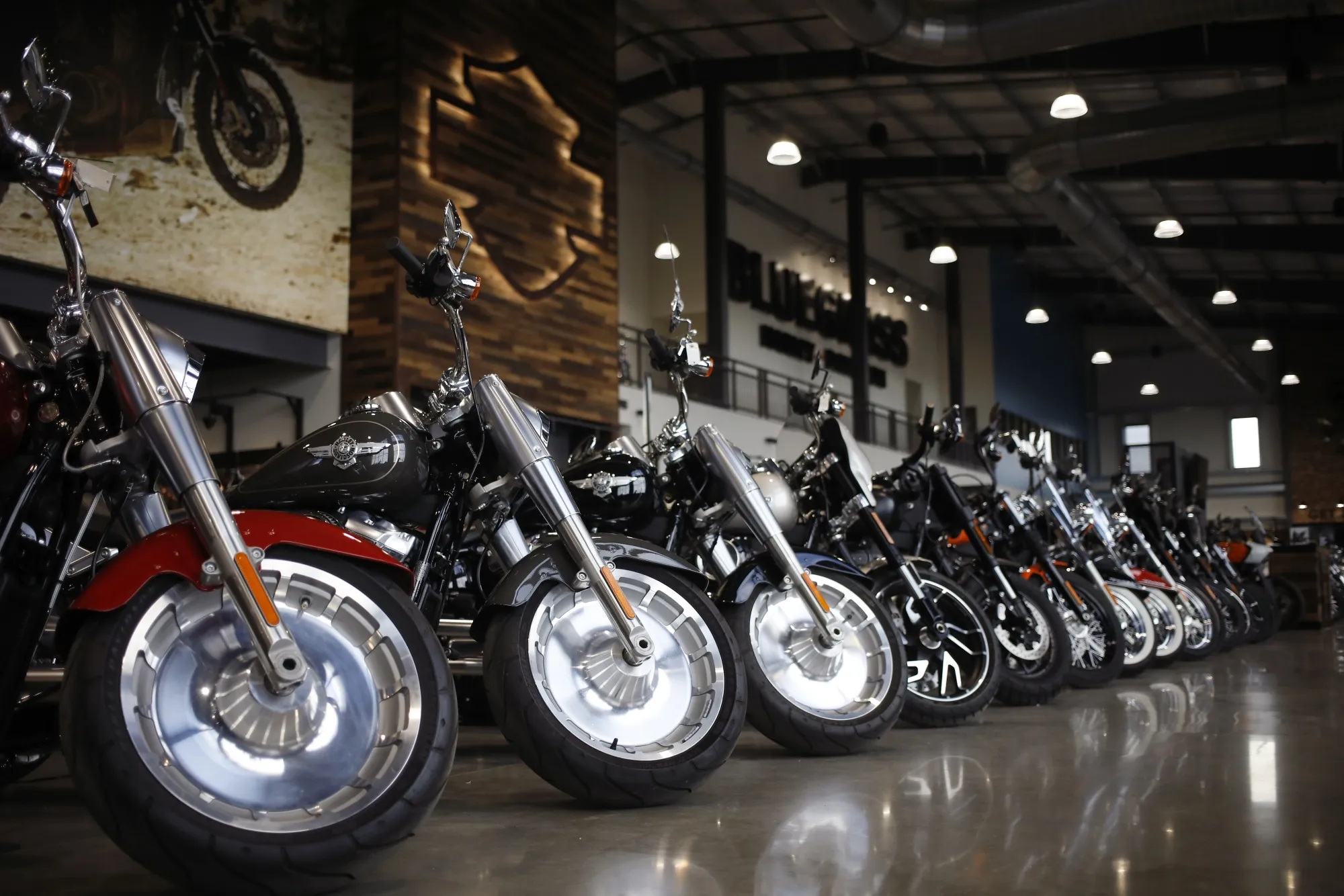 Motorcycles on the showroom floor at a Harley-Davidson dealership in Louisville, Kentucky, US.