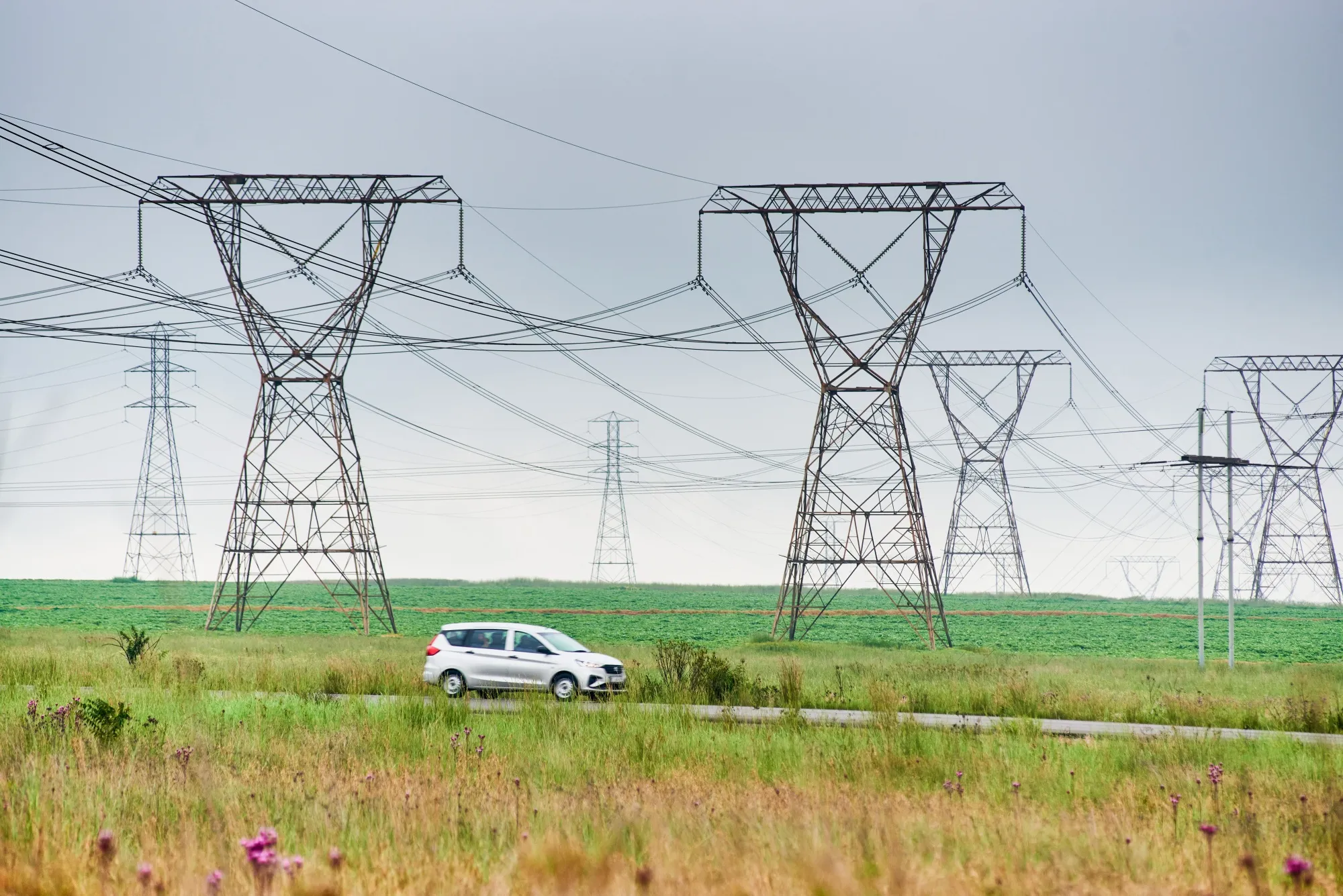 Electricity pylons near the Eskom Holdings SOC Ltd. Kendal coal-fired power plant in Mpumalanga, South Africa.