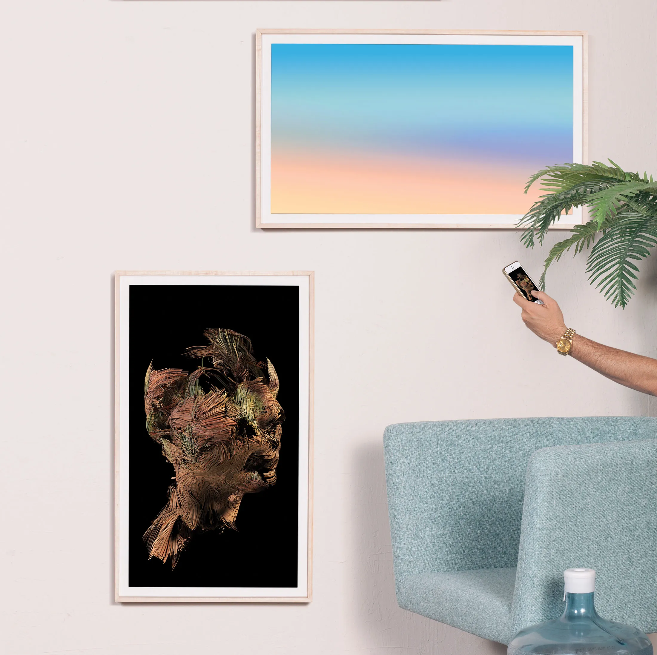 From top: Eric Cahan, Mood: Sunrise Horizon; Universal Everything, Portrait. These artworks come with the frame; toggle through—or buy more—using the app.
