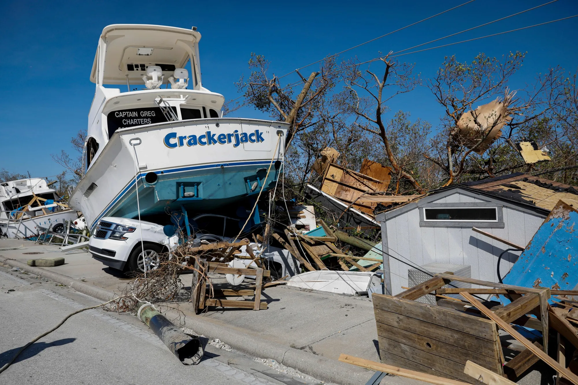 Debris at San Carlos Maritime Park following Hurricane Ian in Fort Myers, Florida