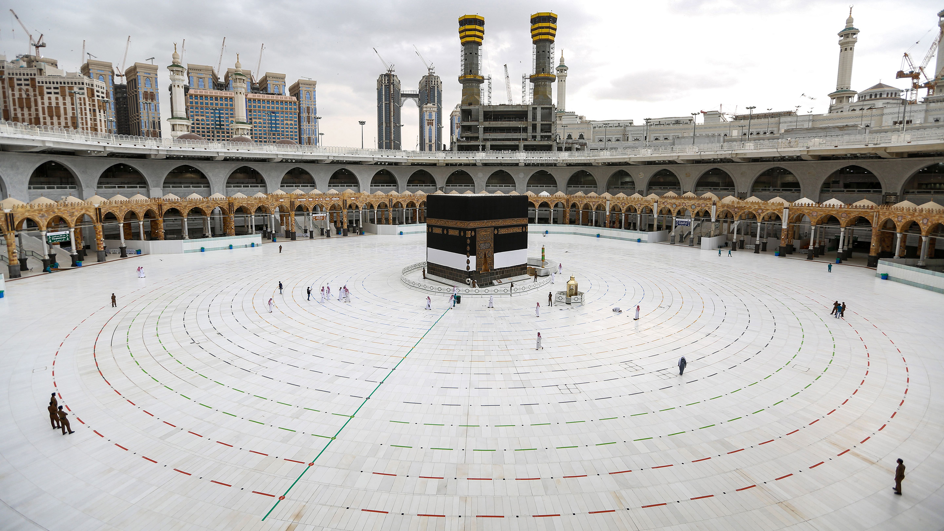 Social distancing markers surround the Kaaba, Islam’s holiest shrine, at the center of the Grand Mosque in Mecca, ahead of the annual Muslim Hajj pilgrimage, on July 28.