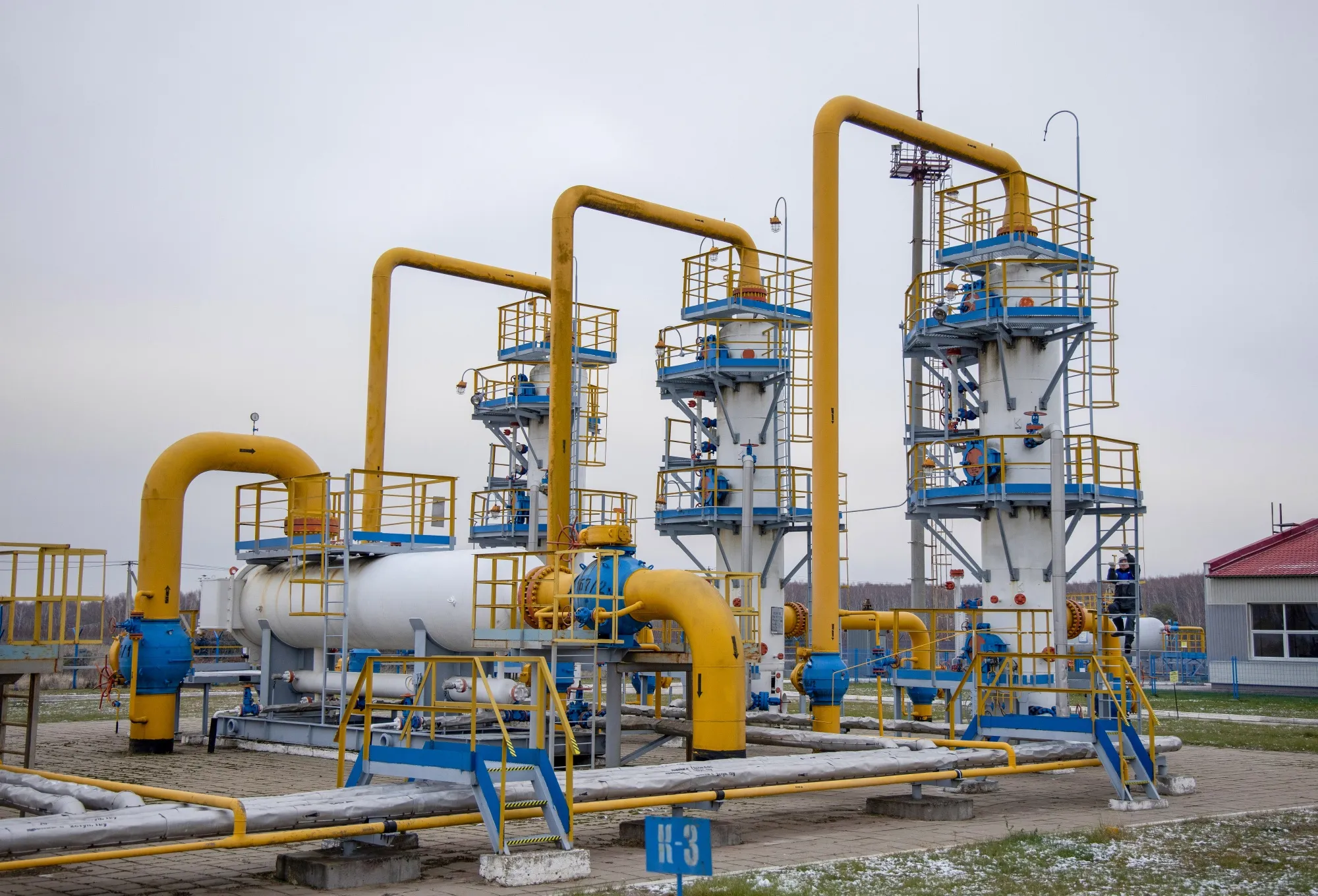 Gas separator filter units at a gas storage facility operated by Gazprom PJSC in Kasimov, Russia.