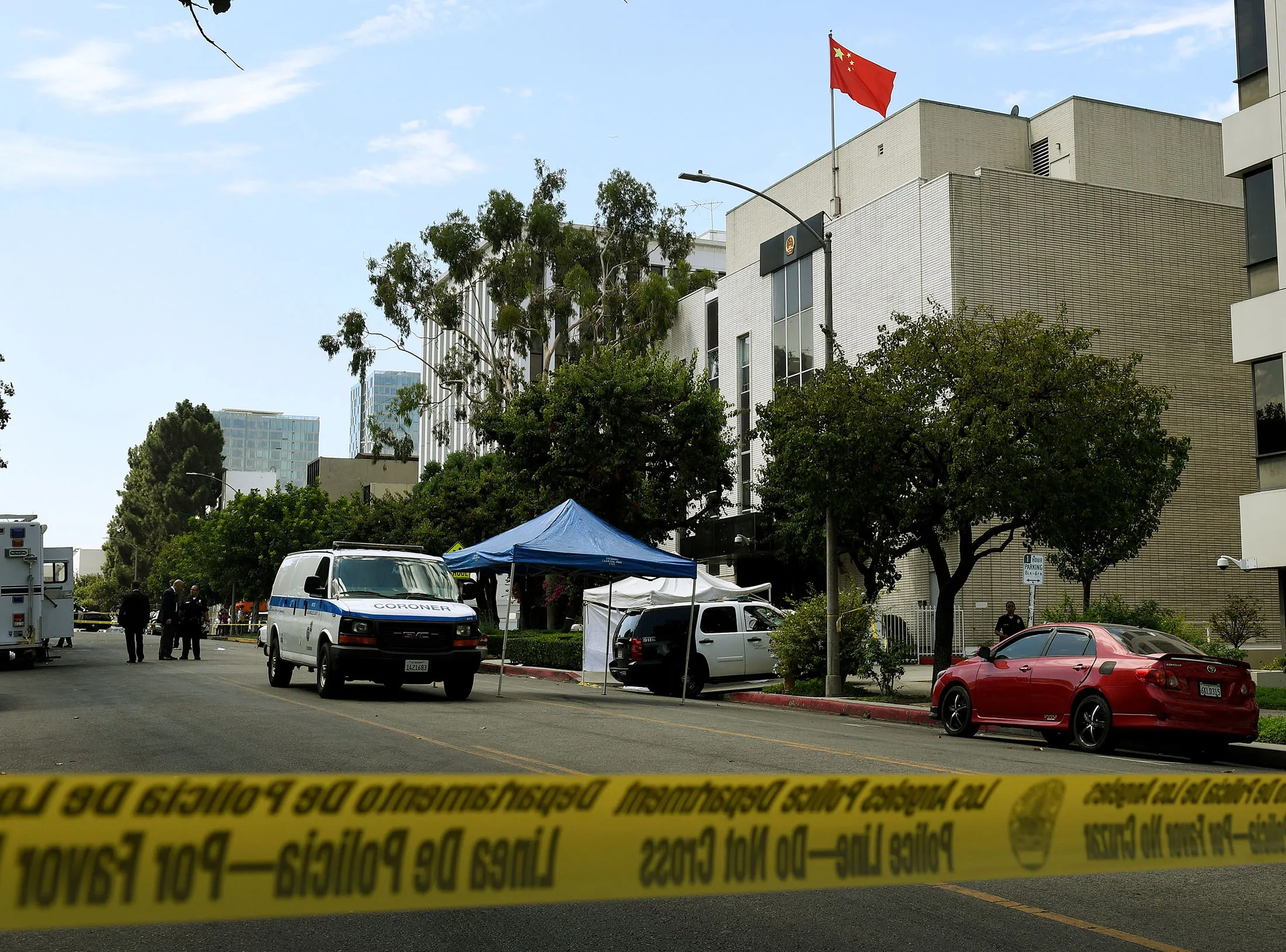 The scene of the shooting outside the Chinese consulate building in Los Angeles on Aug. 1.
