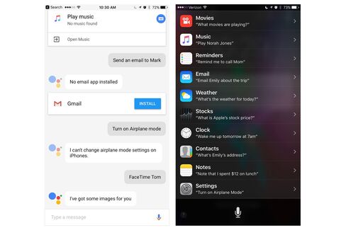 アイフォーン向けのグーグル・アシスタント(左)とアップルのSiri