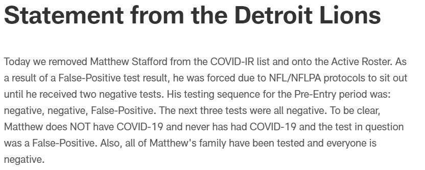 Lions QB Matthew Stafford glad NFL altered protocols following  false-positive COVID-19 result