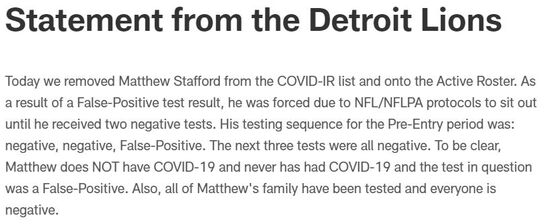 NFL Is Changing Its Testing Protocol Following Matthew Stafford Gaffe