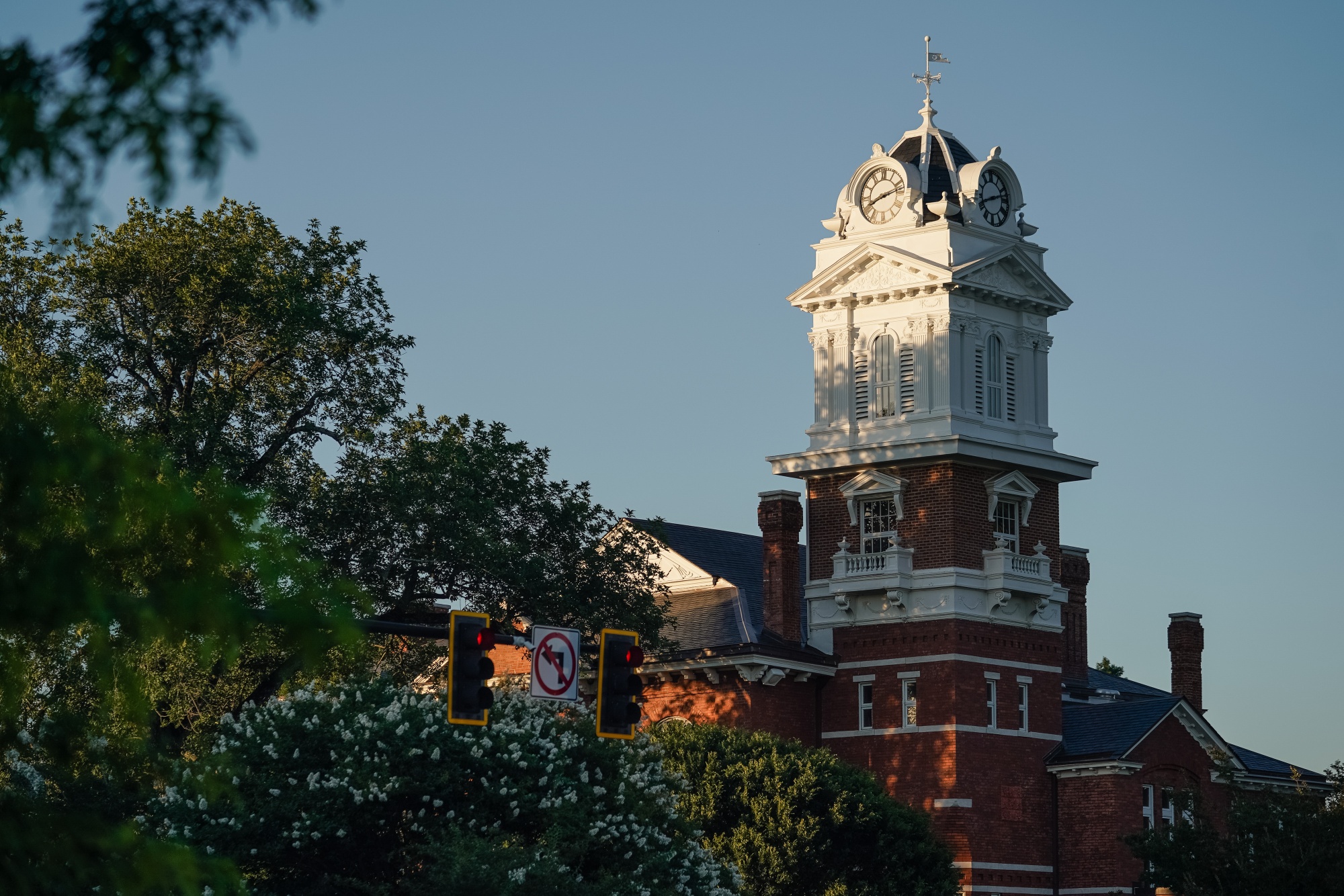 A photo of the Gwinnett Historic Courthouse at dusk in Lawrenceville, Georgia, on Monday, June 10, 2024.