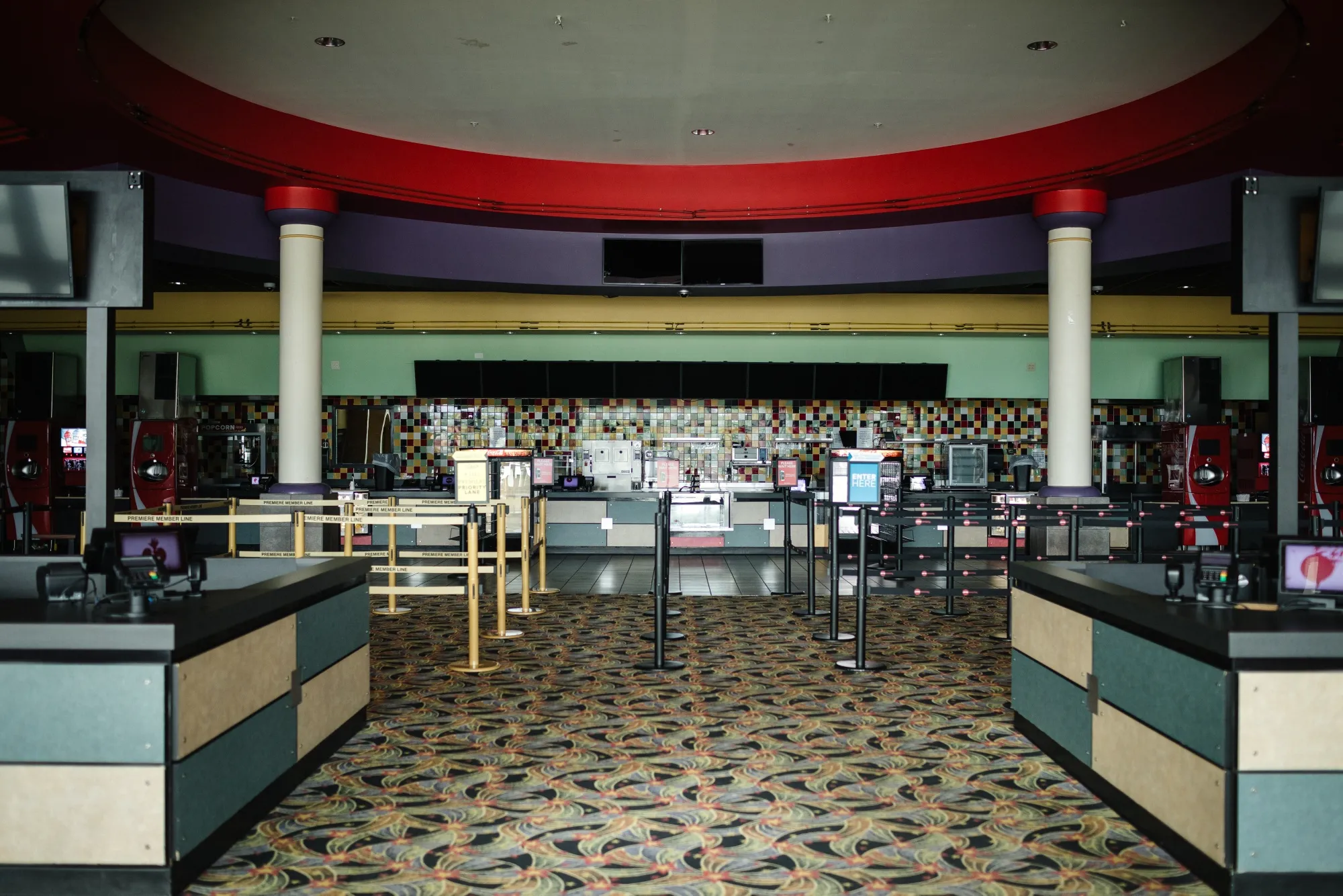 A lobby is empty at a temporarily closed movie theater in Cartersville, Georgia on April 22.