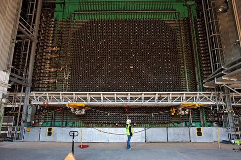 The face of the K-East reactor core. The grid in the middle is a series of aluminum tubes that once held uranium fuel rods