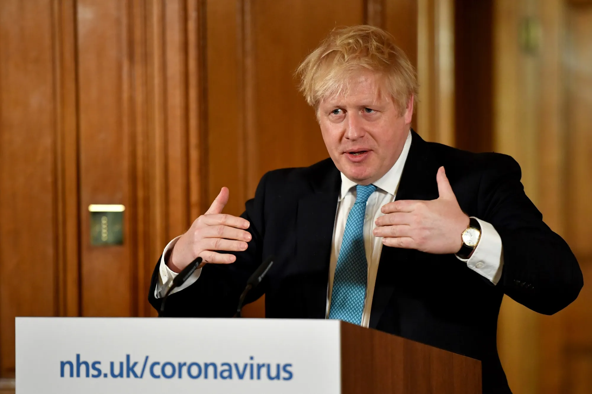 Boris Johnson speaks during a daily coronavirus briefing inside number 10 Downing Street in London on March 19.