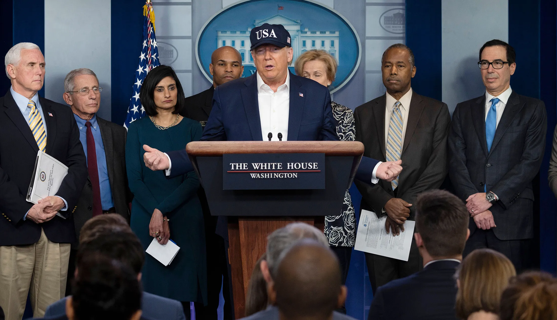 President Trump gives a press briefing about the coronavirus at the White House on March 14.