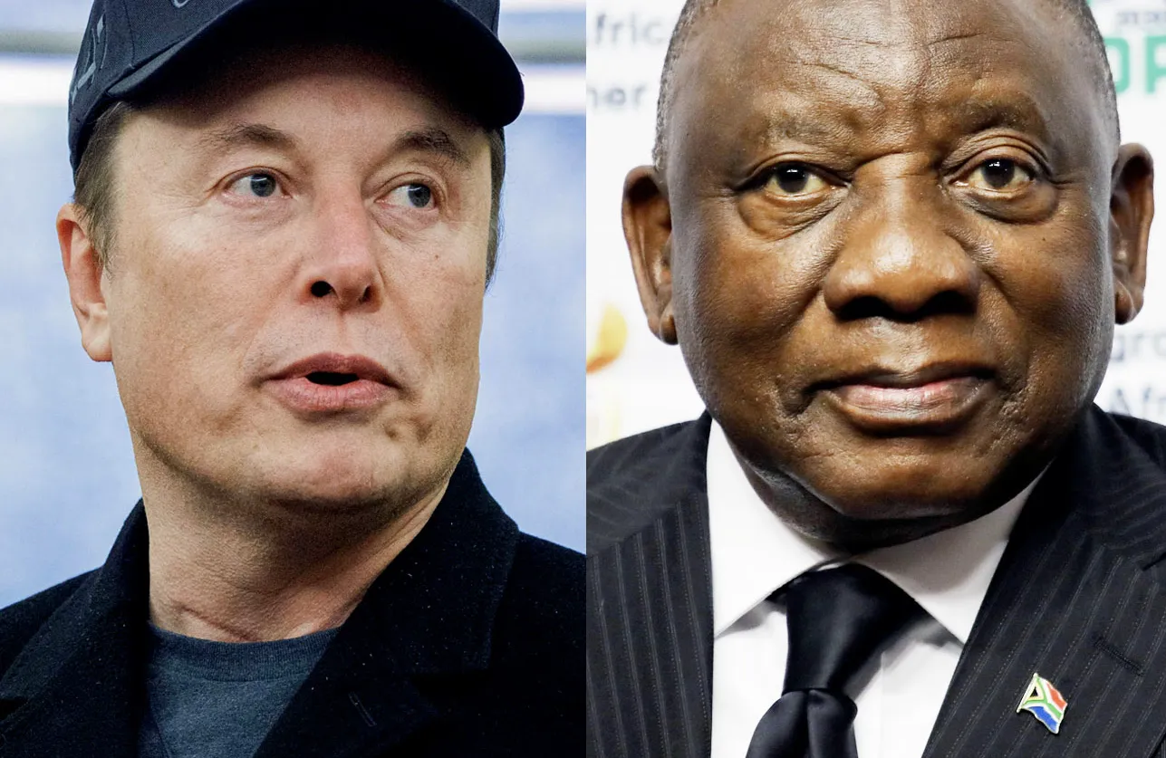 Elon Musk, left, and Cyril Ramaphosa