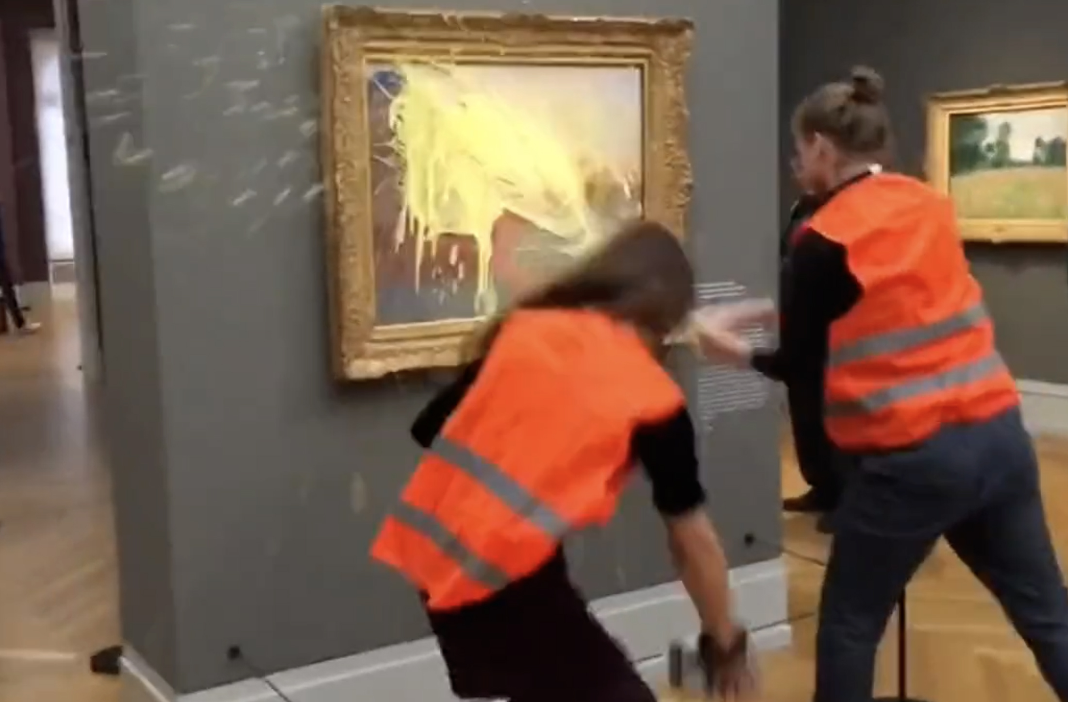 Last Generation climate protesters throw mashed potatoes at a Claude Monet painting in&nbsp;the Barberini Museum on Oct. 23.