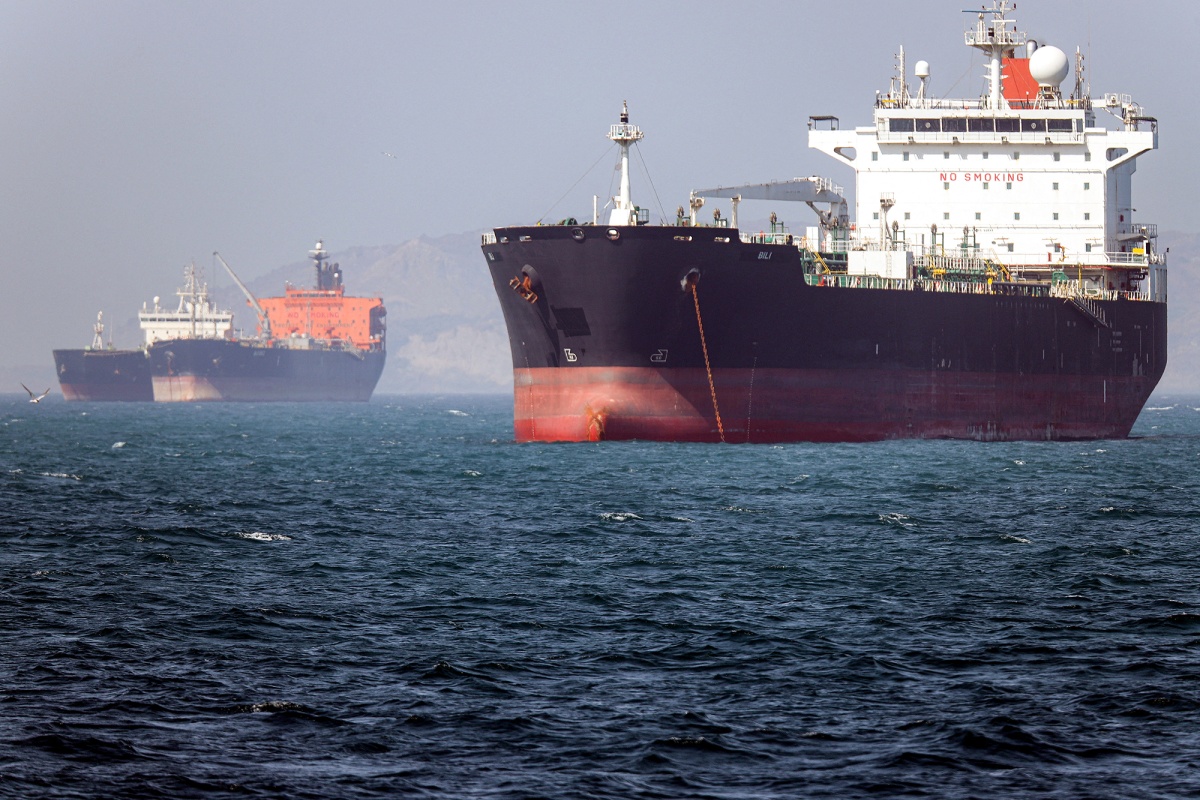 Tankers anchored in the Strait of Hormuz, in a photo from Iran’s ISNA news agency on May 2.