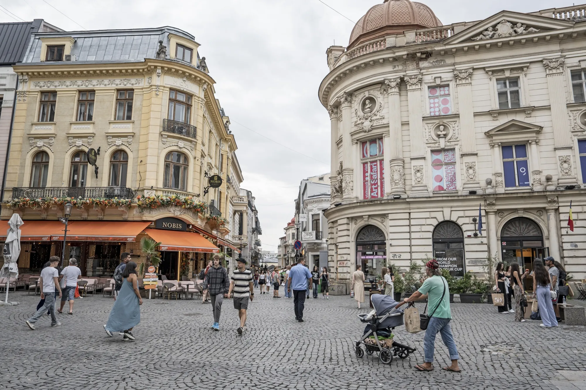 Pedestrians in the Old Town of Bucharest.