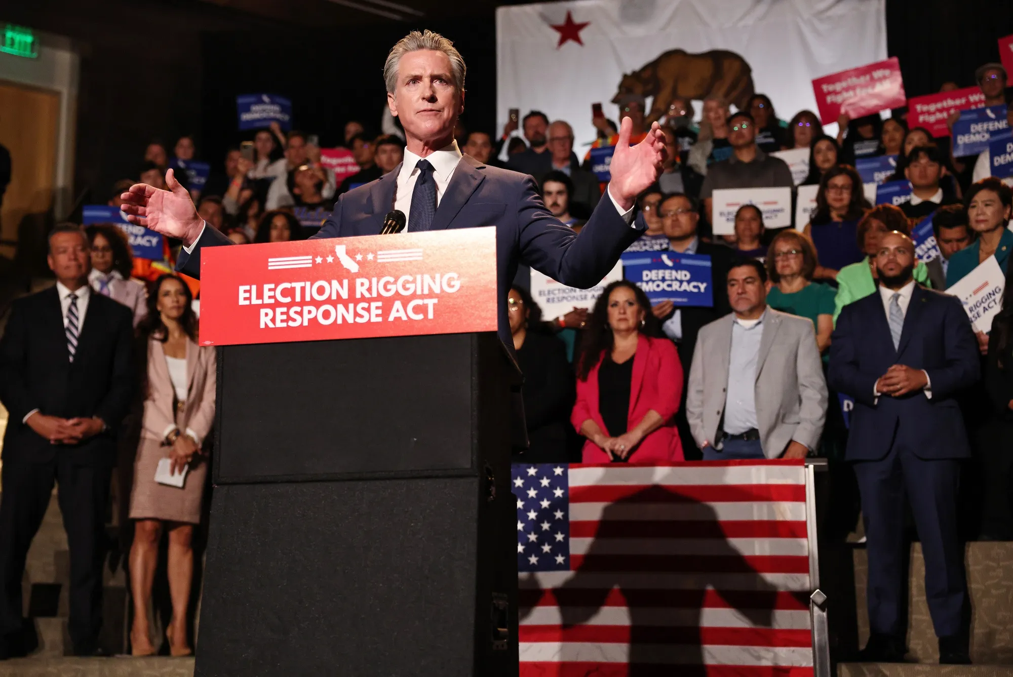 California Governor Gavin Newsom during a news conference on the “Election Rigging Response Act” in Los Angeles.