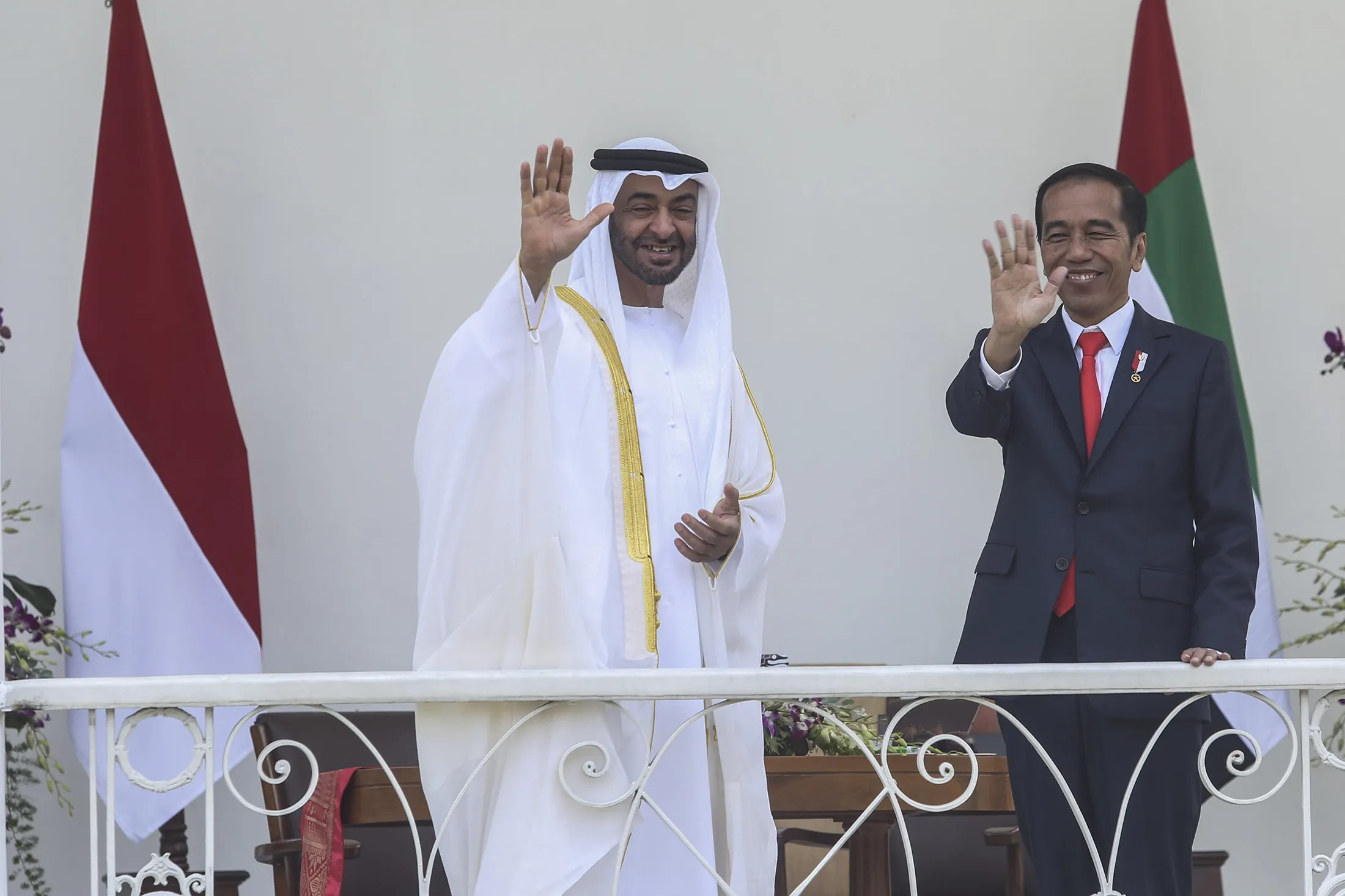 Joko Widodo, right, with Mohammed Bin Zayed Al Nahyan at West Java, Indonesia in 2019.