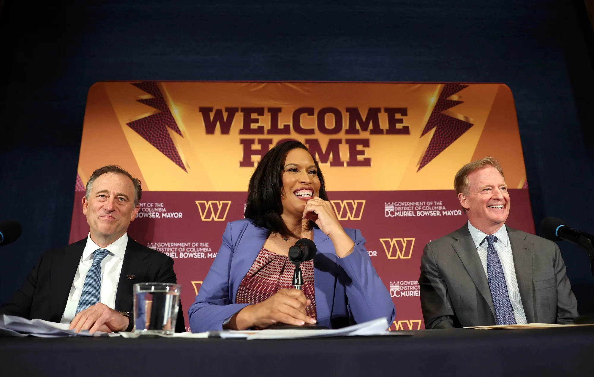 Washington Commanders owner Josh Harris, Washington&nbsp;DC Mayor Muriel Bowser, and NFL Commissioner Roger Goodell hold a news conference on building a new Commanders stadium&nbsp;in Washington on April 28.&nbsp;