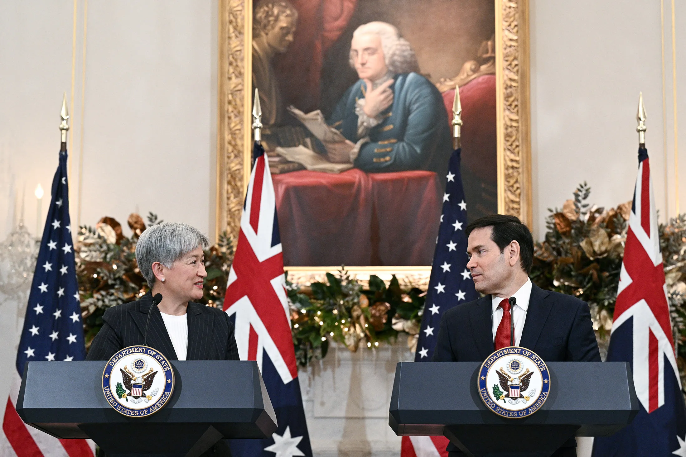 Secretary of State Marco Rubio, left, and Australian Foreign Minister Penny Wong during the 35th Australia-US Ministerial Consultations at the State Department in Washington, DC, on Dec. 8.
