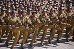 TOPSHOT - Korean People's Army (KPA) soldiers march during a mass rally on Kim Il Sung square in Pyongyang on September 9, 2018.