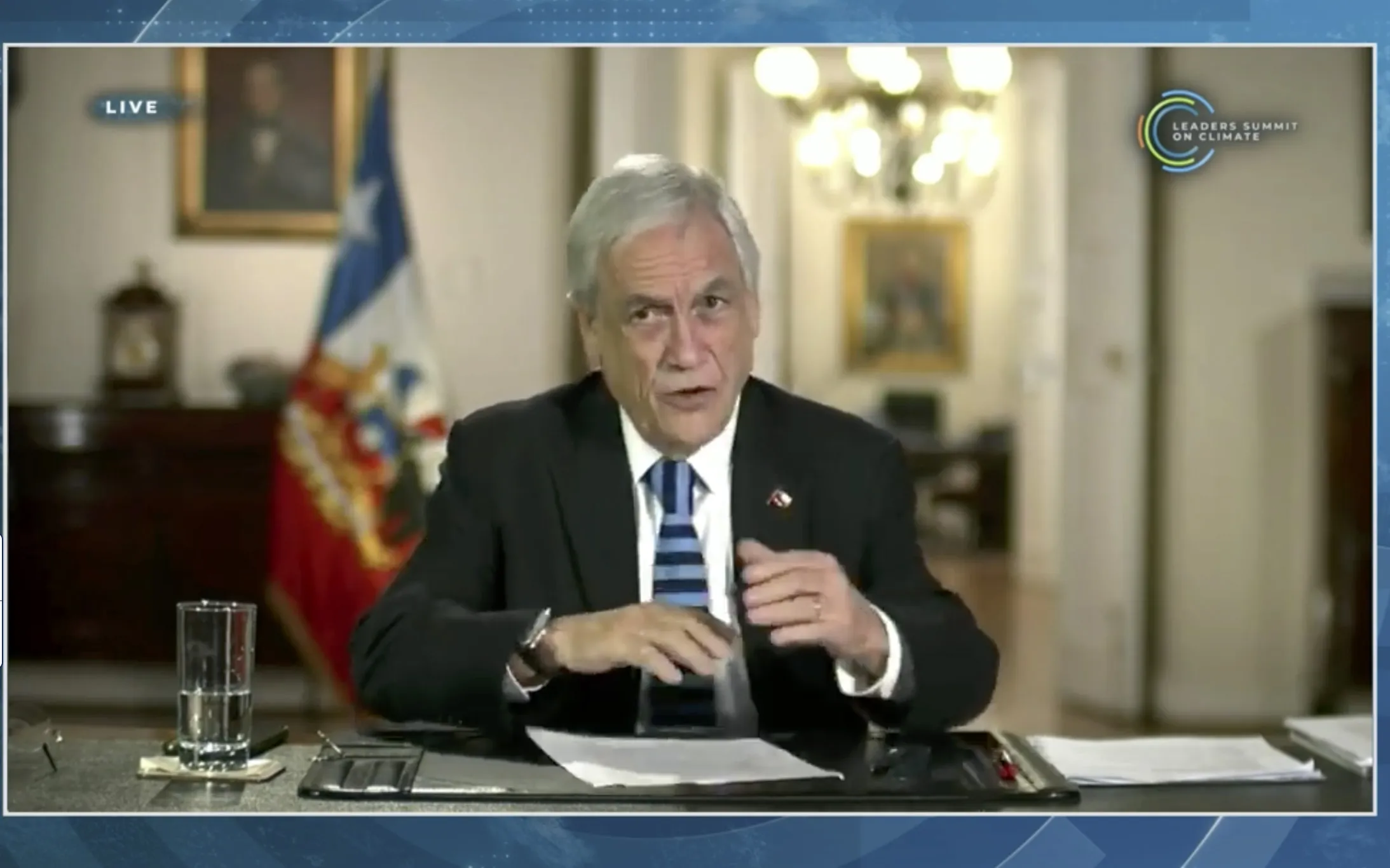 Sebastian Pinera, Chile’s president, speaks during the virtual Leaders Summit on Climate in a video screenshot on Thursday, April 22, 2021.