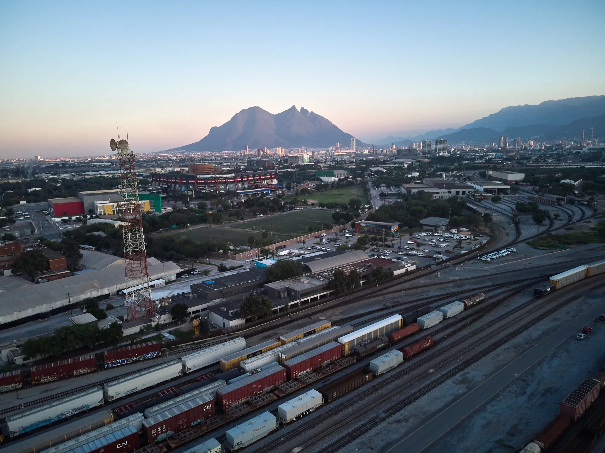 Trains at a Canadian Pacific Kansas City (CPKC) rail facility in Salinas Victoria, Nuevo Leon, Mexico.