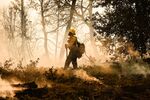 A firefighter monitors a backfire operation conducted to slow the advancement of&nbsp;the Oak Fire in Mariposa County, California, on July 24.